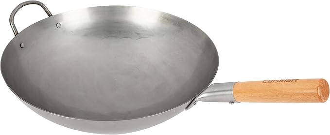 Cuisinart 14” Carbon Steel Hammered Wok, Traditional Round Bottom, Stir Fry Pan with Wooden & Helper Handle for Authentic Asian Cuisine, Wok Hei Cooking Perfect for Stir-Fry, Sauté & Deep Fry