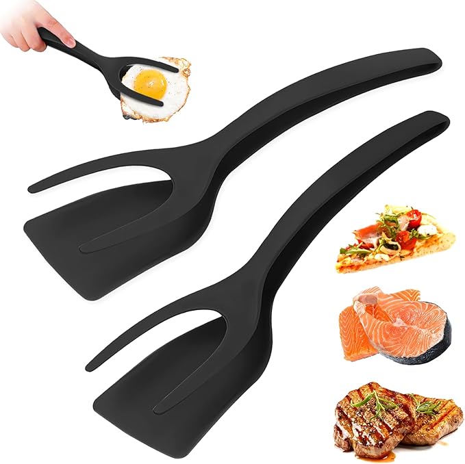 Egg Flipper Spatula Tongs 2 PCS Spatula for Non Stick Frying Pan 2 in 1 Grip & Flip Kitchen Tongs, High Heat Resistant BPA Free Cooking Utensils, Ideal Cookware for Pancakes, Fish, Eggs, Toast (black)