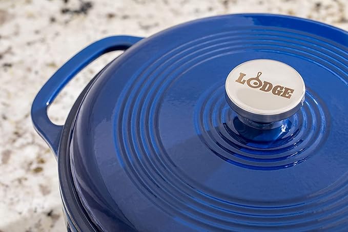 Lodge Essential Enamel Cast Iron Dutch Oven with Lid - Oven-Safe Enamel Cookware up to 500° F - Heat-Retaining Braising & Roasting Pot - Non-Toxic Cookware - 7.5 Quart, Indigo