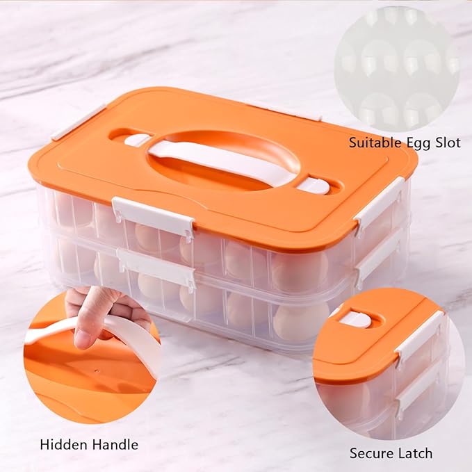 2 Layer Deviled Egg Containers with Lid, 36 Slots Deviled Egg Tray Carrier with Handle and Injector Piping Tool, Fridge Stackable Portable Clear Storage Egg Platter for Party Picnic Travel (Orange)
