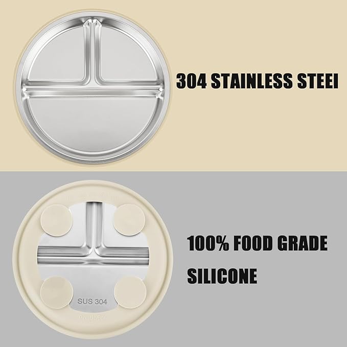 PandaEar 3 Pack Stainless Steel Baby Suction Plates, Divided Toddler Plate for Baby Led Weaning Supplies, Non-Slip Toddler Baby Feeding Set Dishwasher Safe (Pink/Linen/Light Pink, With Lids)