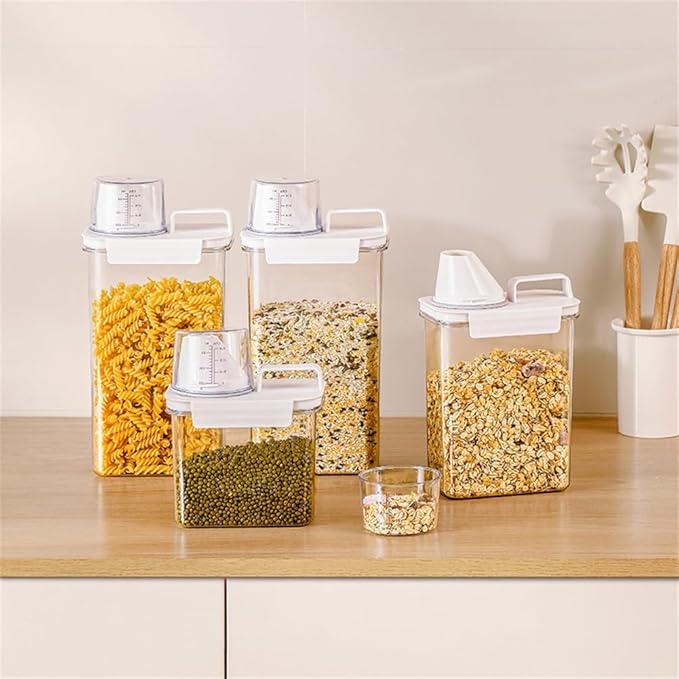 2Pcs Rice Dispenser Storage Containers, 2.3L Small Rice Bucket with Measuring Cup & Pour Spout, Kitchen Plastic Airtight Container for Cereal, Grain, Flour, Sugar, Oatmeal, Dry Pet Dog Food