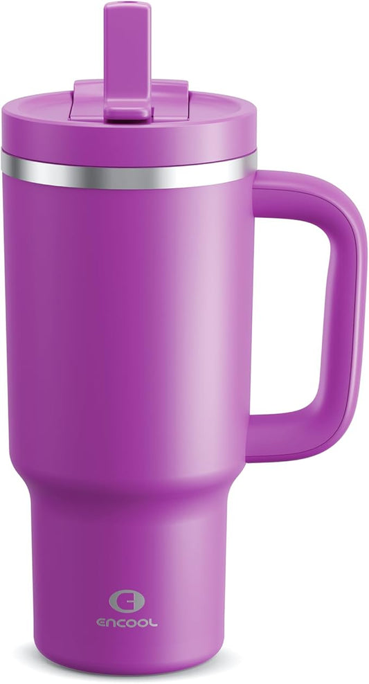 32 oz Tumbler with Handle and Straw: Stainless Steel Insulated Tumbler Keeps Cold for 24 Hours, Leakproof Travel Cup Fits in Cup Holder and BPA-Free,Bright Magenta