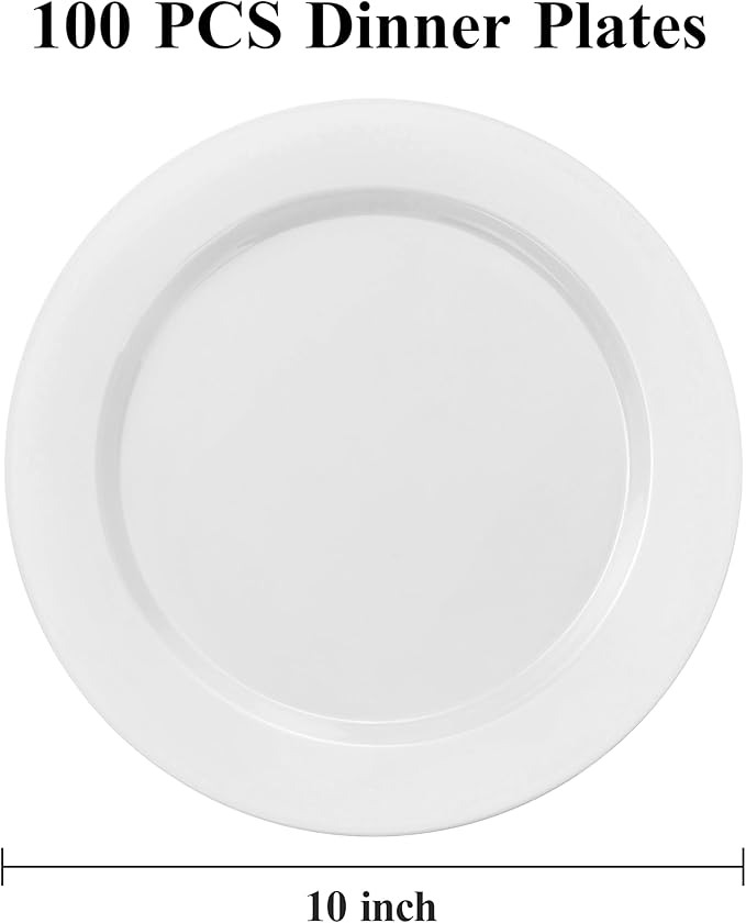 100PCS White Plastic Dinner Plates 10inch, Premium Hard Disposable Plates for Party, Wedding
