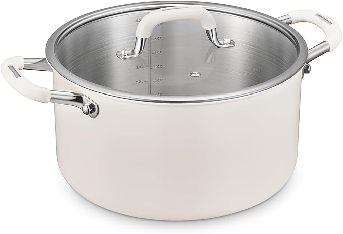 6 Quart Nonstick Stock Pot with Lid, BEZIA Fully-Clad 3-Ply Stainless Steel Pots, Induction Soup Pot with Lid, Kitchen Cooking Pots with Silicone Handle, for All Cooktops, Free of PTFE/PFOA/PFOS