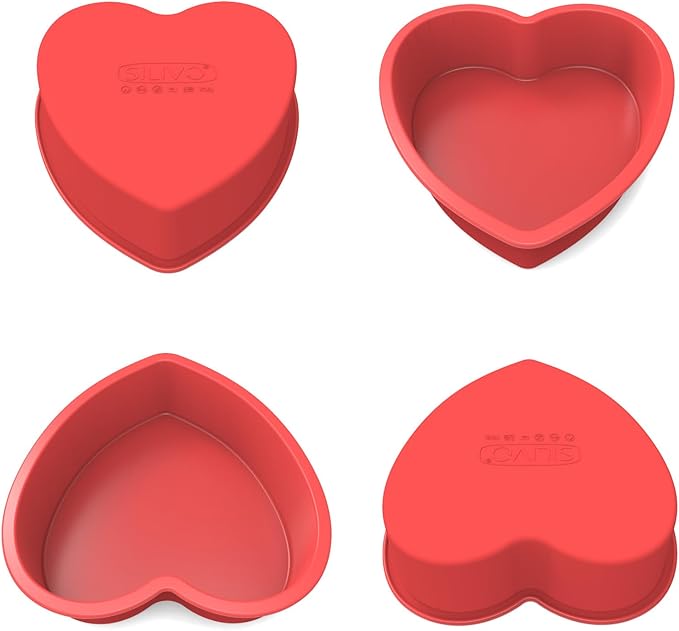 SILIVO 6 Inch Heart Cake Pans (4 Pack) - Nonstick Silicone Heart Shaped Cake Pans for Brownies and Cakes