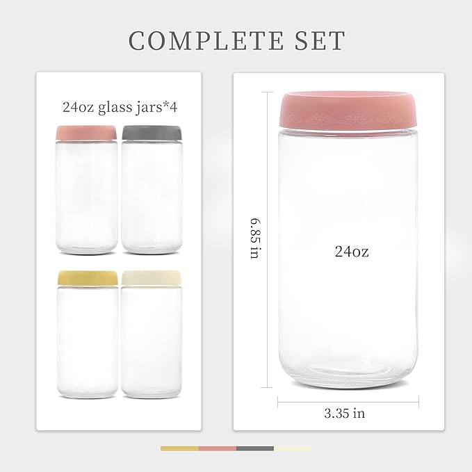 24oz 4Pack Glass Overnight Oats Jars Containers with Airtight Leakproof Lids, Reusable Mason Jars for Meal Prep, Yogurt Parfaits, Smoothies, Salads & Healthy Breakfasts (24 OZ-4-2)