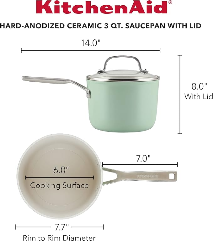 KitchenAid Hard Anodized Ceramic Nonstick Cookware Sauce Pan with Lid, 3 Quart - Pistachio