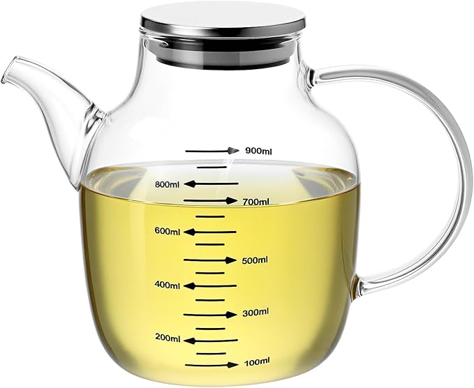 QWORK 900ML/30Oz Large Glass Cooking Oil Bottle with Stainless Steel Lid, Oil & Vinegar Dispenser Bottle, Kitchen No Drip Liquid Container