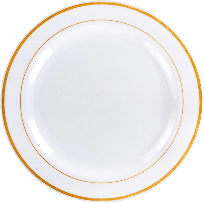 Gold Plastic Plates, MCIRCO 100 Pieces Disposable Party Plates for Weddings, Premium Gold Rim Plates, Include 50 10.25 Inch Dinner Plates and 50 7.5 Inch Dessert Appetizer Plates