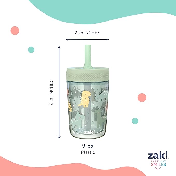 Zak Designs Capri Toddler Tumblers For Travel or At Home, 9oz 2-Pack Double Wall Plastic Sippy Cups With Leak-Proof Design is Perfect For Kids (Dino Buddies, Bubble Bay)