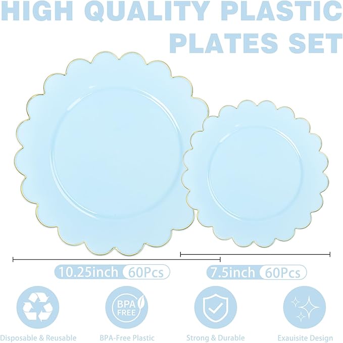 LIYH 120 Pcs Baby Blue Plastic Plates with Gold Edge - Disposable Light Blue Scalloped Baby Shower Plastic Plates Includes 60 Dinner Plate 10.25" & 60 Dessert Plate 7.5" for Party Birthday Easter