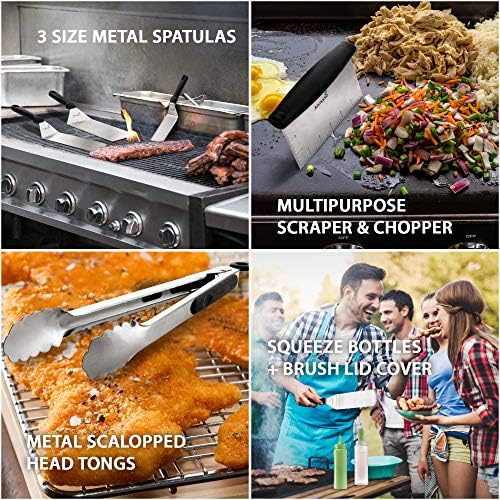 Metal Spatula and Scraper Set - Griddle Accessories kit - Grill Tongs Flat Spatula Pancake Flipper Hamburger Turner Squeeze bottles Set - Metal Utensil Great for BBQ Grill Flat Top Cast Iron