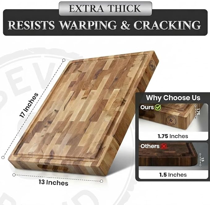 Maple End-Grain Cutting Board – Made in USA – 17” x 13” x 1.75” Thick Butcher Block – Juice Groove, Non-Slip Feet – Food-Safe Mineral Oil Finish – Premium Gift Box