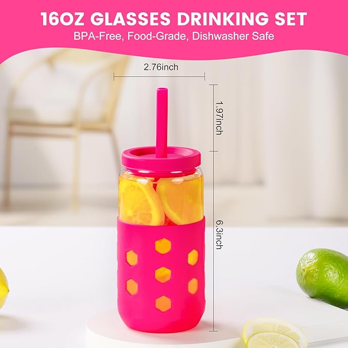 Glass Cups with Lids and Straws (4 Pcs), 16oz Drinking Glasses Set with Silicone Sleeves for Coffee Bar Accessories Iced Coffee Cups with Lids, Glass Tumbler Reusable for Gifts