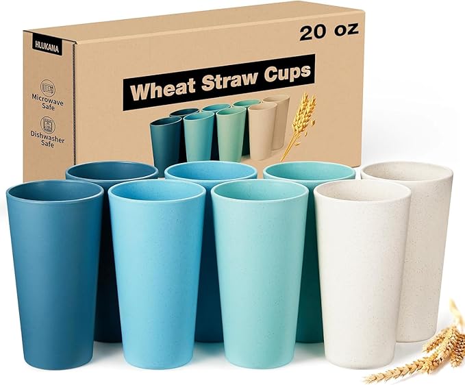 Wheat Straw Cups Set of 8, 20 oz Unbreakable Drinking, Chip Resistant, Reusable Water Set, Large for Kitchen, Camping, BPA Free Cups, Dishwasher & Microwave Safe Tumbler