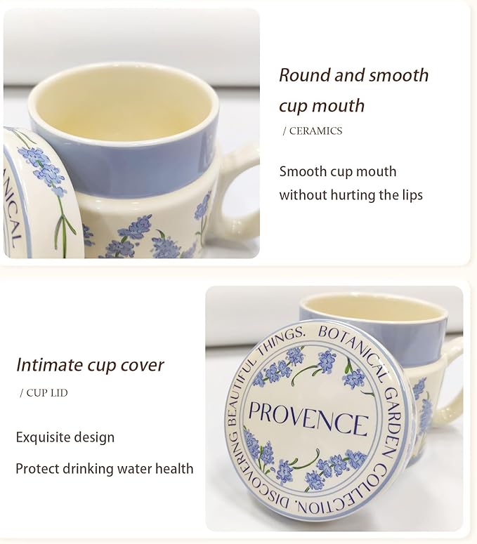 12.9oz Ceramic Coffee Mug with Lid,Flower Patterned Porcelain Mug,Ceramic Tea Cup Coffee Latte Mug for Office and Home,Blue,1 Piece