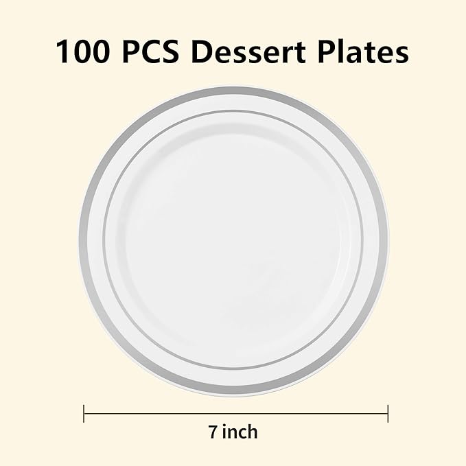 BESTSTAR 7 Inch White Plastic Plates,100PCS Disposable Dessert/Appetizer/Small Cake Plates with Silver Rim,Heavy Duty Plate Ideal for Wedding and Birthday