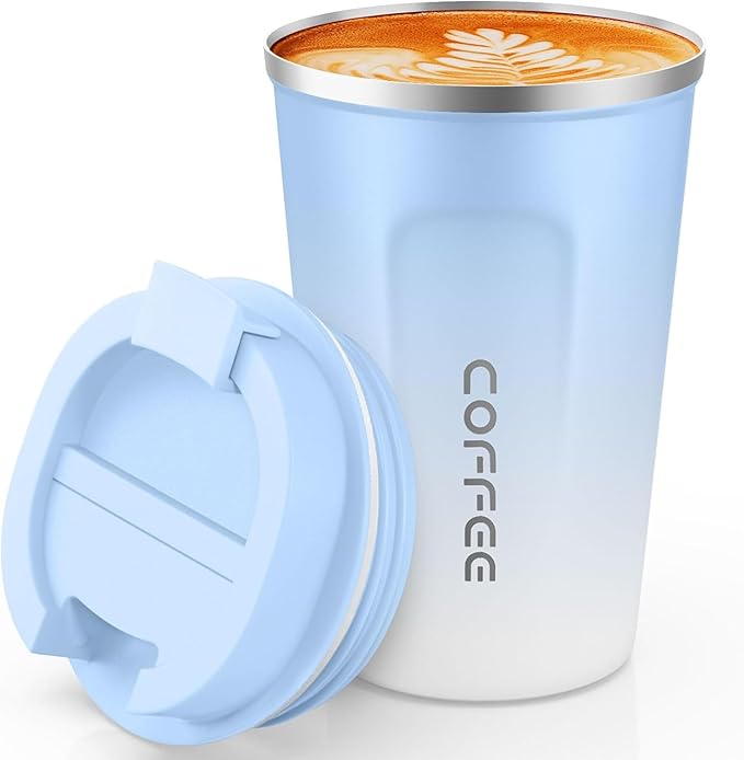 Travel Coffee Mug Leak-Proof, Reusable Coffee Cups with Lids, Stainless Steel Vacuum Insulated Coffee Tumblers, Thermal Insulation Cup for Men and Women Hot & Cold Drinks(2nd-Blue White, 17OZ)
