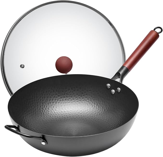 WANGYUANJI 13.4"Carbon Steel Wok Pan with Lid (34cm),Large Flat Bottom Stir Fry Pan for Electric,Induction & Glass Top Stoves, High Stability No-Wobble Design, Lightweight Chinese Cookware, 4-6 People