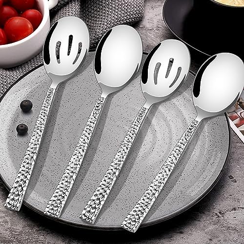 E-far Hammered Serving Spoons, 4-Piece Stainless Steel Serving Utensils Set Includes Slotted & Solid Spoons, Metal Hostess Tablespoons for Catering Buffet Party Kitchen Restaurant
