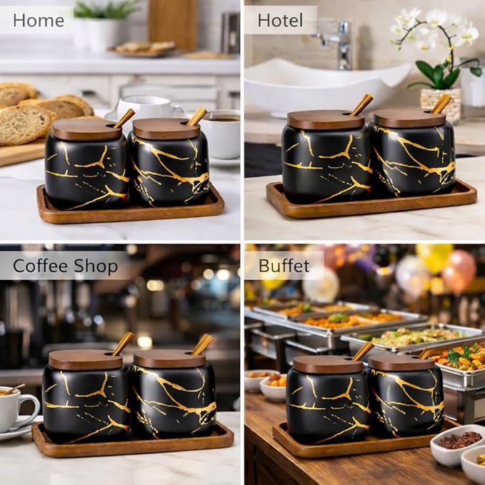 2 Sets of Marble Ceramic Seasoning Jars Ceramic Sugar Bowl with Lids，Tray and Spoons (black) …