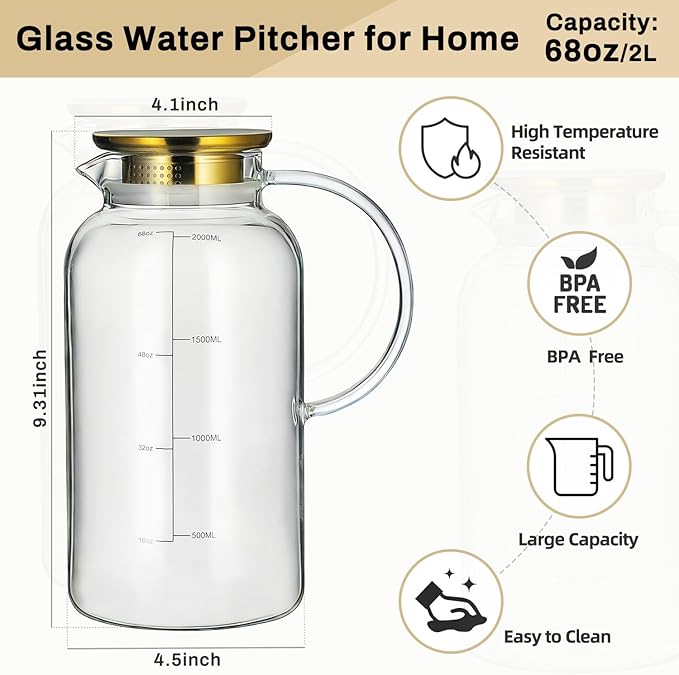 Glass Pitcher with Lid, 2 PACK 68 oz/2L Water Pitcher with Silicone Base and Precise Scale Line，Borosilicate Glass Water Carafe for Coffee, Lemonade, Iced SunTea,Beverage,Water Glass Jug
