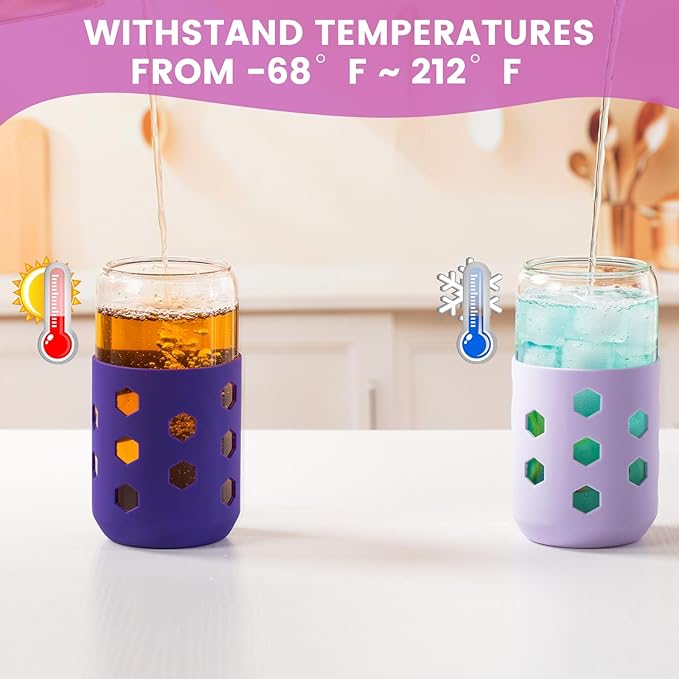 Glass Cups with Lids and Straws (4 Pack), 16oz Drinking Glasses Set with Silicone Sleeves for Coffee Bar Accessories Iced Coffee Cups with Lids, Glass Tumbler Reusable for Gifts