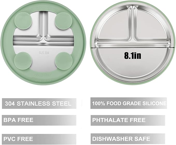 PandaEar 3 Pack Stainless Steel Baby Suction Plates, Divided Toddler Plate for Baby Led Weaning Supplies, Non-Slip Toddler Baby Feeding Set Dishwasher Safe (Blue/Green/Brown, With Lids)