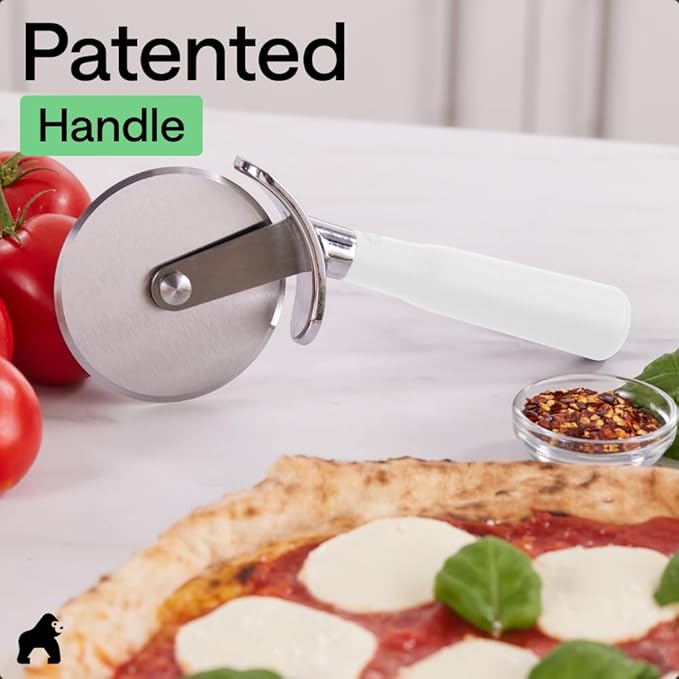 GORILLA GRIP Patented BPA-Free Large Pizza Cutter Wheel, 9 Inch, Extra Sharp Stainless Steel Blade, Slip Resistant Handle with Thumb Guard Protection, Slice Thick or Thin Pizzas, Pie, Pastries, White