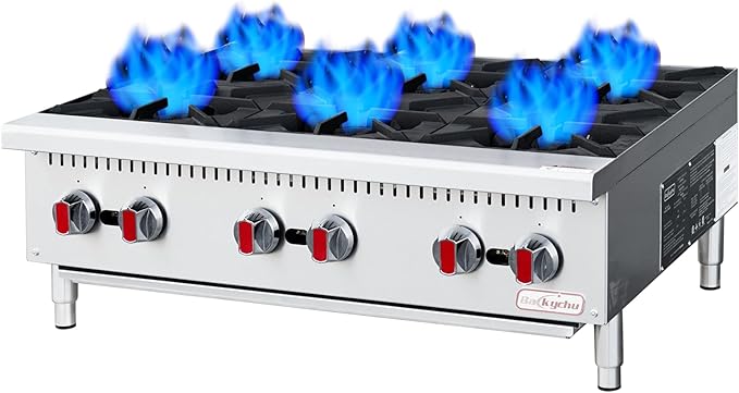 Commercial Gas Stove 6-Burner - 150,000 BTU Countertop Cooking Stove Range, Heavy-Duty Hot Plate, Stainless Steel Cooking Equipment for Restaurant, kitchens, Propane/Natural Gas