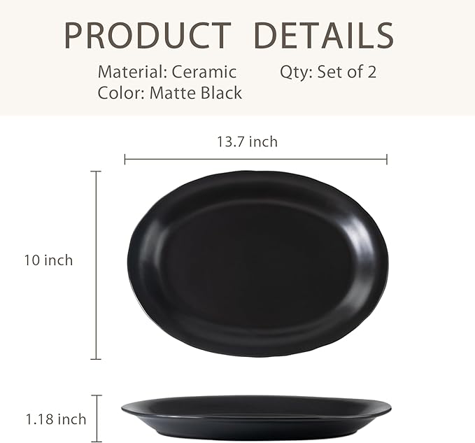 Ceramic Serving Platter, 13.7 Inch Large Oval Serving Trays, Dinner Plates, Serving Dish Set for Dessert Appetizers Meat/Entertaining/Party, Set of 2, Matte Black