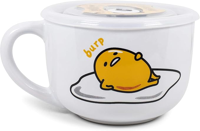 Silver Buffalo Sanrio Gudetama Burp Late Night Snack Lazy Egg Ceramic Soup Mug with Vented Plastic Lid, 24 Ounces