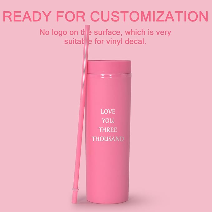 sweet grain Skinny Tumblers with Lids and Straws(6 Pack) - 16oz Matte Pastel Colored Skinny Acrylic Tumblers, Double Wall Plastic Tall Skinny Tumblers Bulk for Cold Hot Drinks - Pink