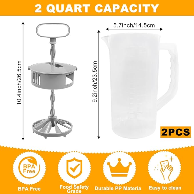2 Quart/ 64oz Plastic Clear Mixing Pitcher with Lid, 2 Pack, Easy-Mix Juice Container, Angled Plastic Blades and Adjustable Mixer Plunger
