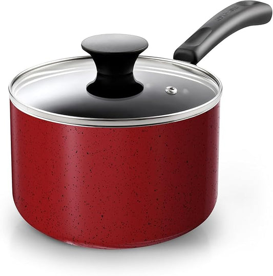 Cook N Home Non Stick Sauce Pan, 1 Quart Saucepan with Glass Lid, Nonstick Small Multi-purpose Pot, Milk Chocolate Aluminum Cooking Pot Pan with Stay-Cool Handle, Marble Red