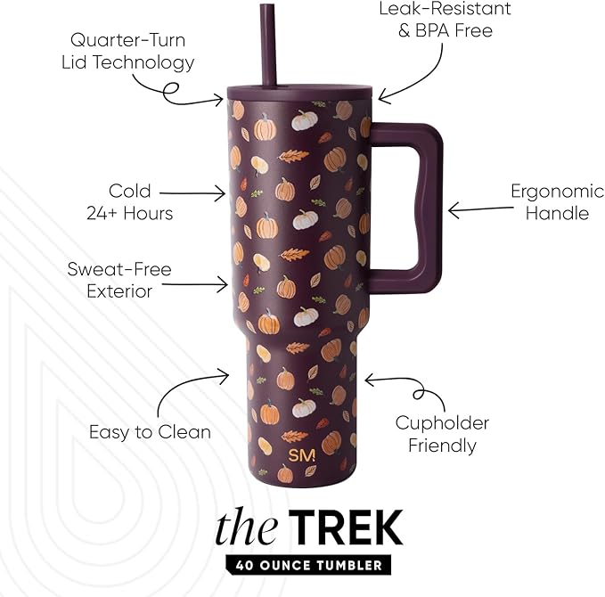 Simple Modern Halloween 40 oz Trek Tumbler with Handle and Straw Lid | Cup Holder Friendly Insulated Stainless Steel Travel Mug | Pumpkin & Leaves