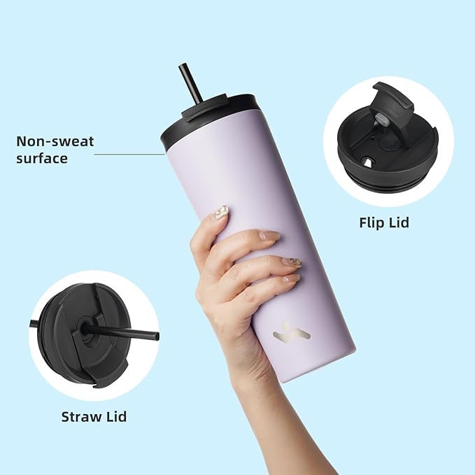 22 OZ Insulated Tumbler with Lid and 2 Straws Stainless Steel Water Bottle Vacuum Travel Mug Coffee Cup,Taro