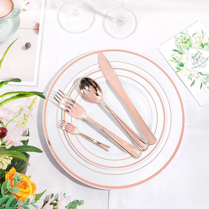 WDF 300 Pieces Rose Gold Plastic Silverware- Disposable Flatware Set - Heavy Duty Plastic Cutlery Includes 100 Forks, 100 Spoons, 100 Knives Perfect for Wedding, Party,Birthday