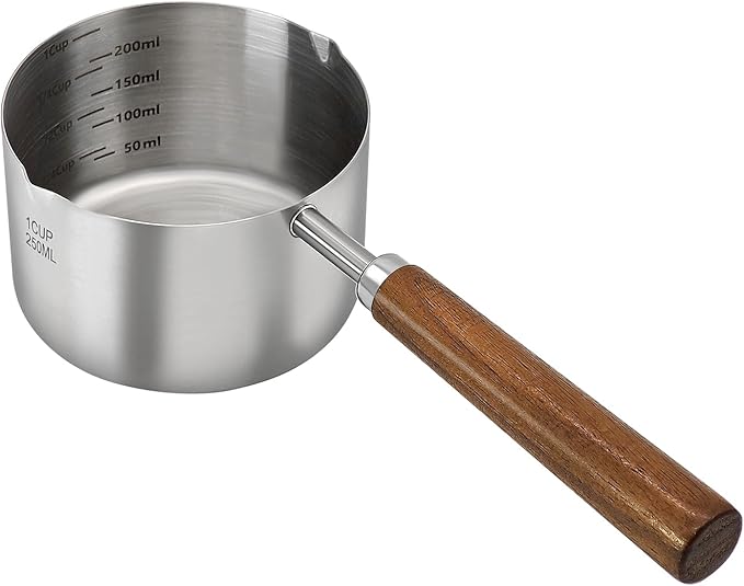 Stainless Steel Butter Warmer Pot & Mini Milk Warmer - 250ml Small Sauce Pan with Secure Handle, Dual Spout & Clear Marks for Melting, Heating, Cooking