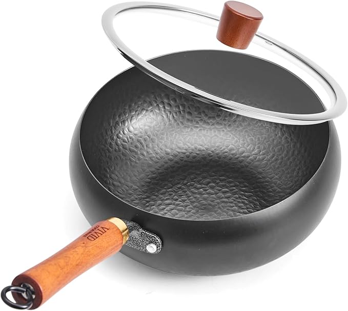 Carbon Steel Wok Pan with Lid, 9.4 Inch Big Belly Flat Bottom Wok, Coating-Free Stir Fry Pan for Gas, Electric, Ceramic & Induction, 3.5 QT Compact Wok for 1–3 Servings