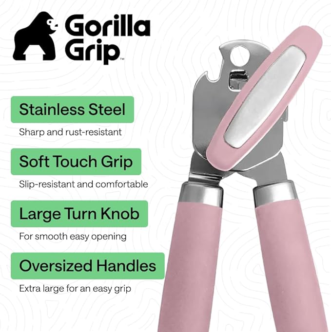 GORILLA GRIP Heavy Duty Stainless Steel Smooth Edge Manual Can Opener and Bottle Openers, Soft Comfortable Handle, Oversized Handheld Turn Knob, US Designed Multifunctional Kitchen Tool, Pink