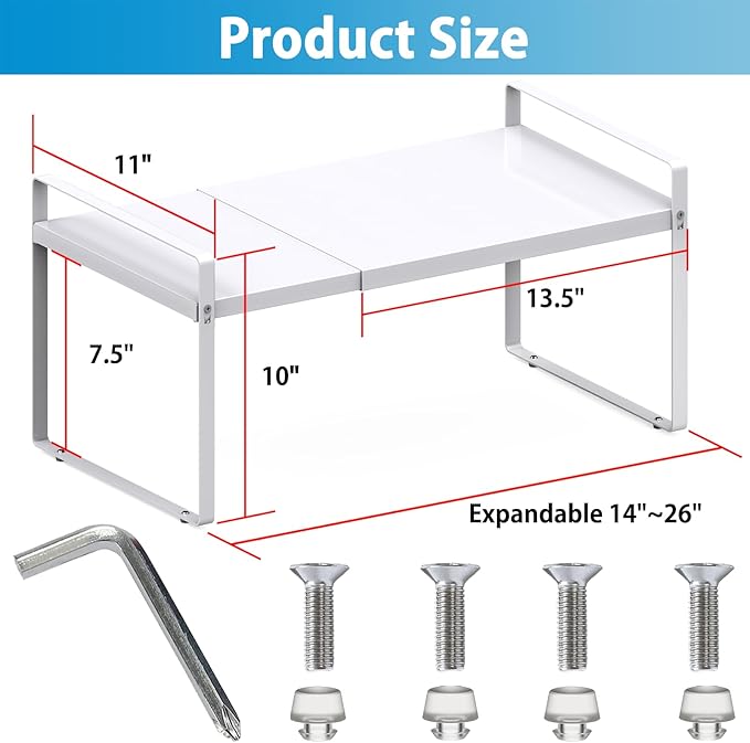 Expandable Cabinet Countertop Shelves, 11" Deep Cabinet Shelf Organizer Riser for Kitchen Pantry Cupboard Under Sink Countertop Organization Storage, Adjustable Metal Organizer Shelf with Nonslip Legs
