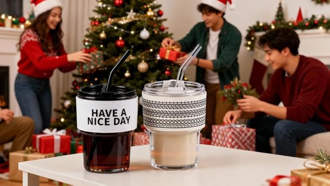 13oz/400ml Glass Water Tumbler with Straw and Lid Sealed Carry on Thick Wall Iced Coffee Cup for Water, Iced Tea, Fruit Juice (Have a Nice Day)