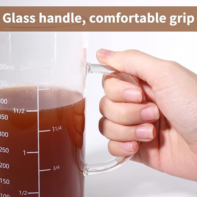Newness Glass Measuring Cup with Handle, 1000 ML (1 Liter, 4 Cup) Measuring Cup with Three Scales (OZ, Cup, ML/CC) and V-Shaped Spout, Measuring Beaker for Kitchen or Restaurant, Easy to Read