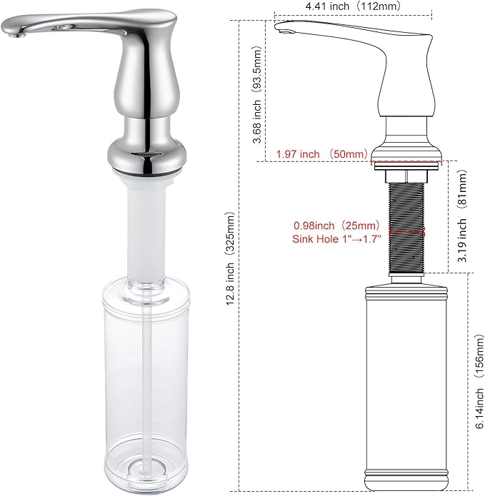 GAGALIFE Kitchen Sink Soap Dispenser Chrome, Built in Soap Dispenser with 13 OZ Bottle, Refill from The Top, Liquid Dispenser for Kitchen Sink