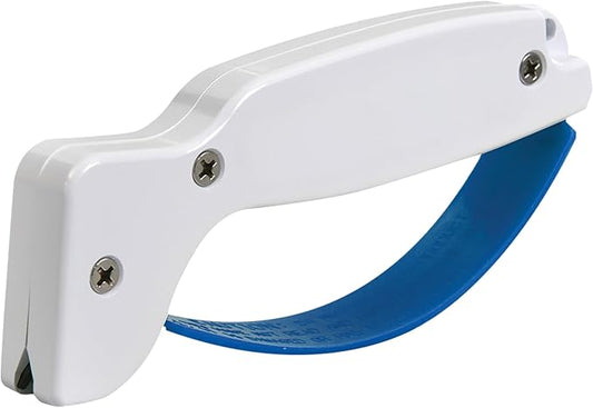 AccuSharp Knife & Tool Sharpener, Restores, Hones & Sharpens Straight & Serrated Knives, Hand-Held Tungsten Carbide Sharpening Tool, White & Blue, 1 Pack