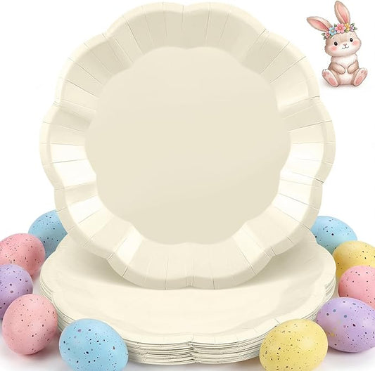 30 Pcs Paper Plates 9 In Cream Party Plates Scalloped Paper Plate Elegant Disposable Plate for Baby Shower, Bridal Shower, Birthday, Wedding
