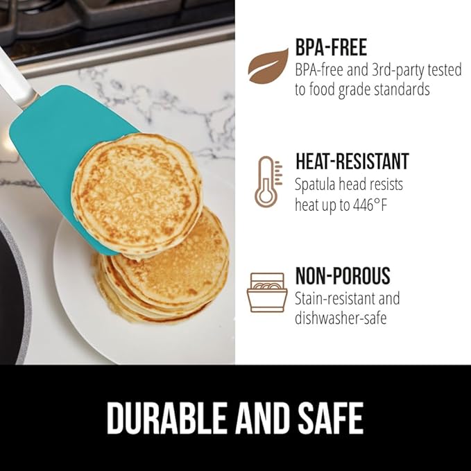 GORILLA GRIP Food Grade Flexible Silicone Spatula, Heat Resistant Head for Nonstick Frying Pan, Patented Soft Rubber Handle for Comfort, Non-Scratch Kitchen Turner, Flip Eggs, 11.6 in, Turquoise