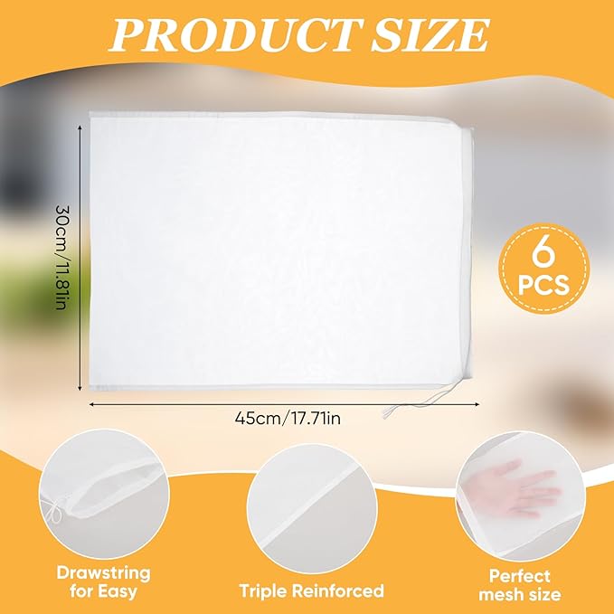 6Pack Nut Bag Strainer 18 x 12 Inch Cheesecloth Bags for Straining Nylon Cheese Cloth Bags Reusable 200 Mesh Nut Milk Bag for Straining Fruit Juice Cheese Coffee Tofu Yogurt Tea